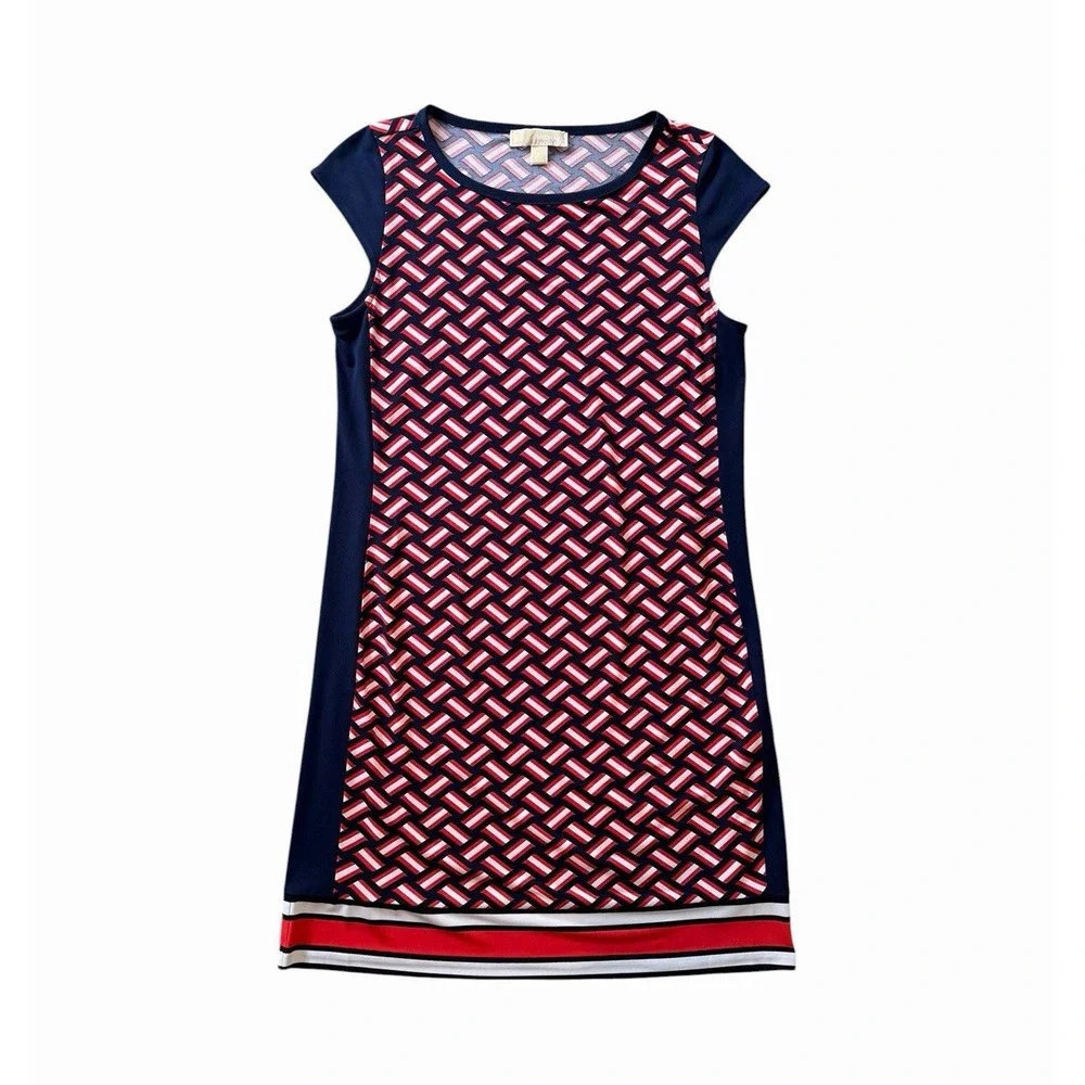 Michael Michael Kors Red White Blue Geometric Shift Knee Dress Cap Sleeve M